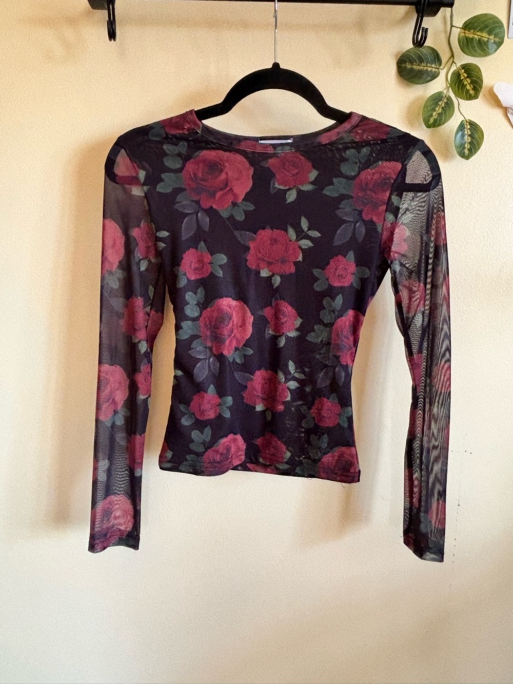 Sheer Long-Sleeve Floral Top - Black with Red Roses